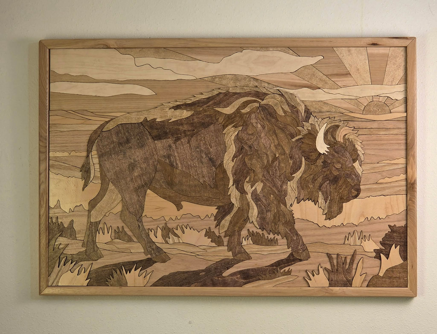 Handcrafted Wood Inlay Bison Wall Art 