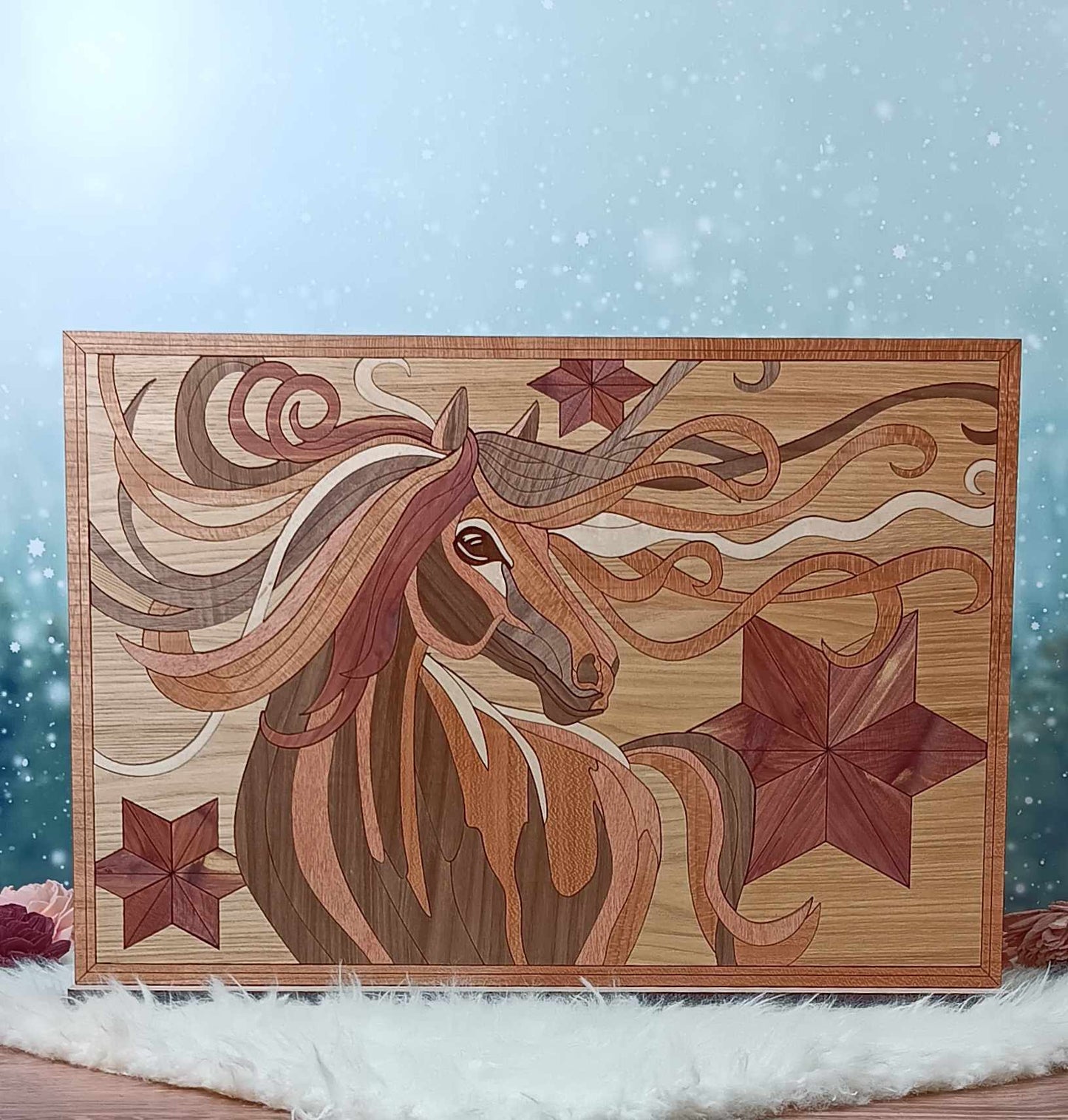 Handcrafted Wooden Inlay Horse Artwork – 15" x 10.5"