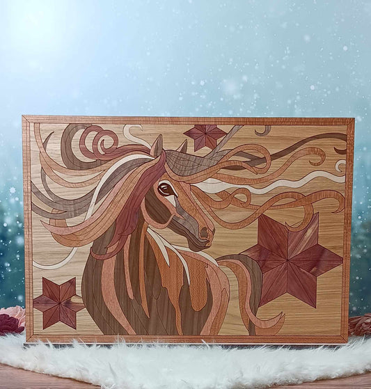 Handcrafted Wooden Inlay Horse Artwork – 15" x 10.5"