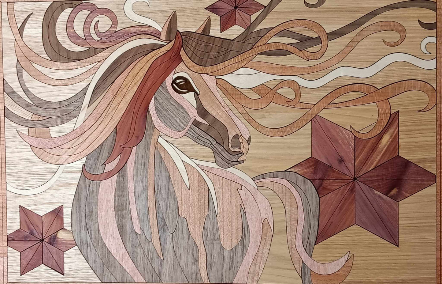 Handcrafted Wooden Inlay Horse Artwork – 15" x 10.5"