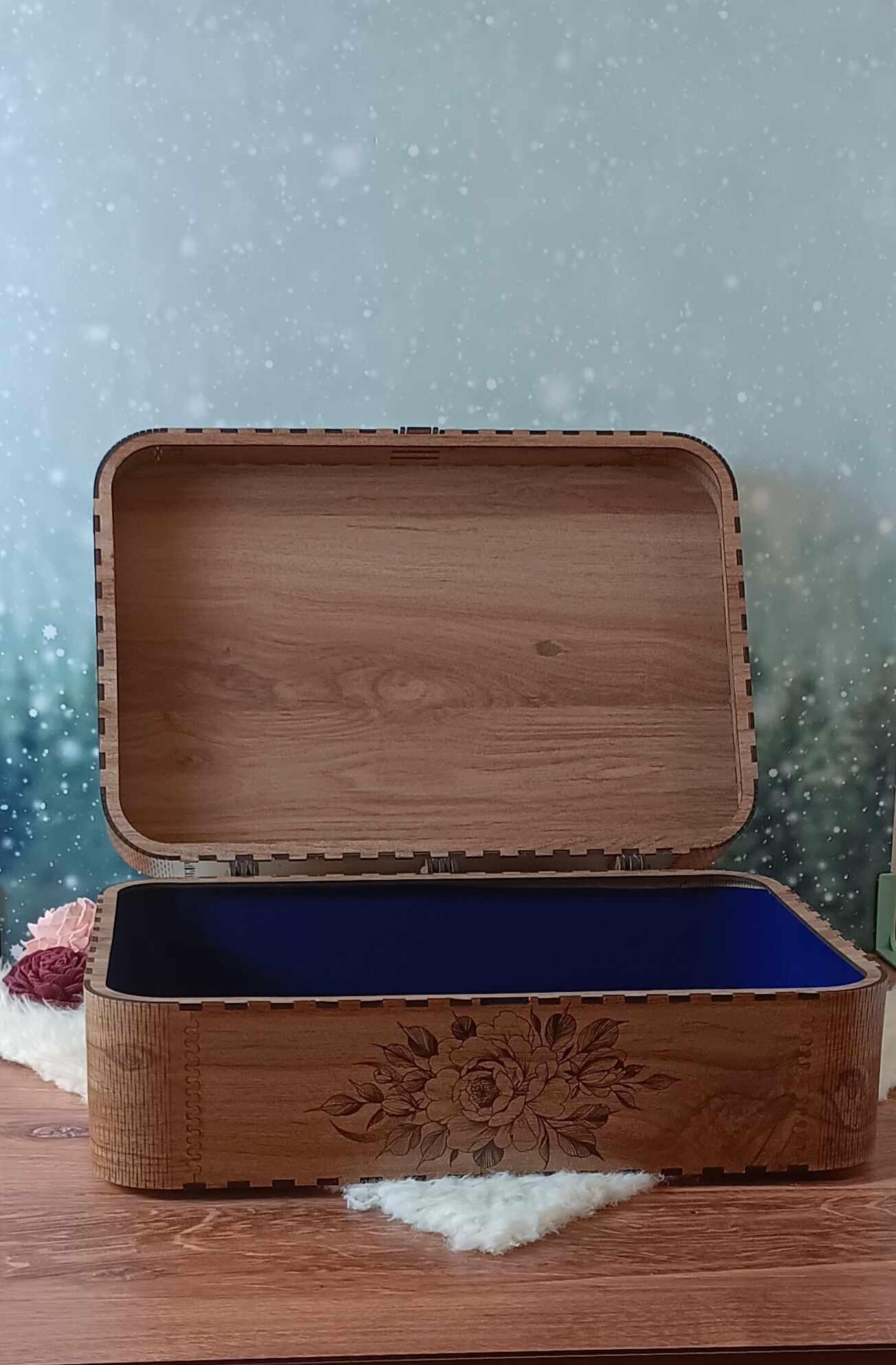 Large Decorative Wooden Box with Velvet Lining