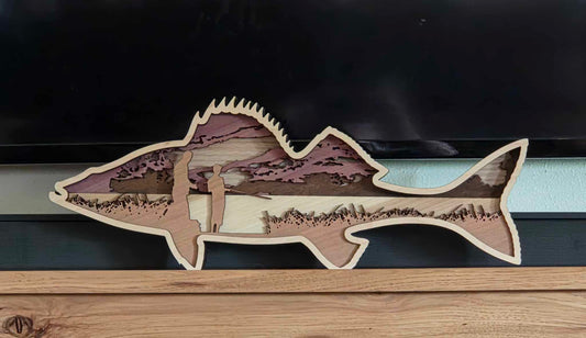 Layered Walleye Fish Silhouette with Scenic Fishing Cutout